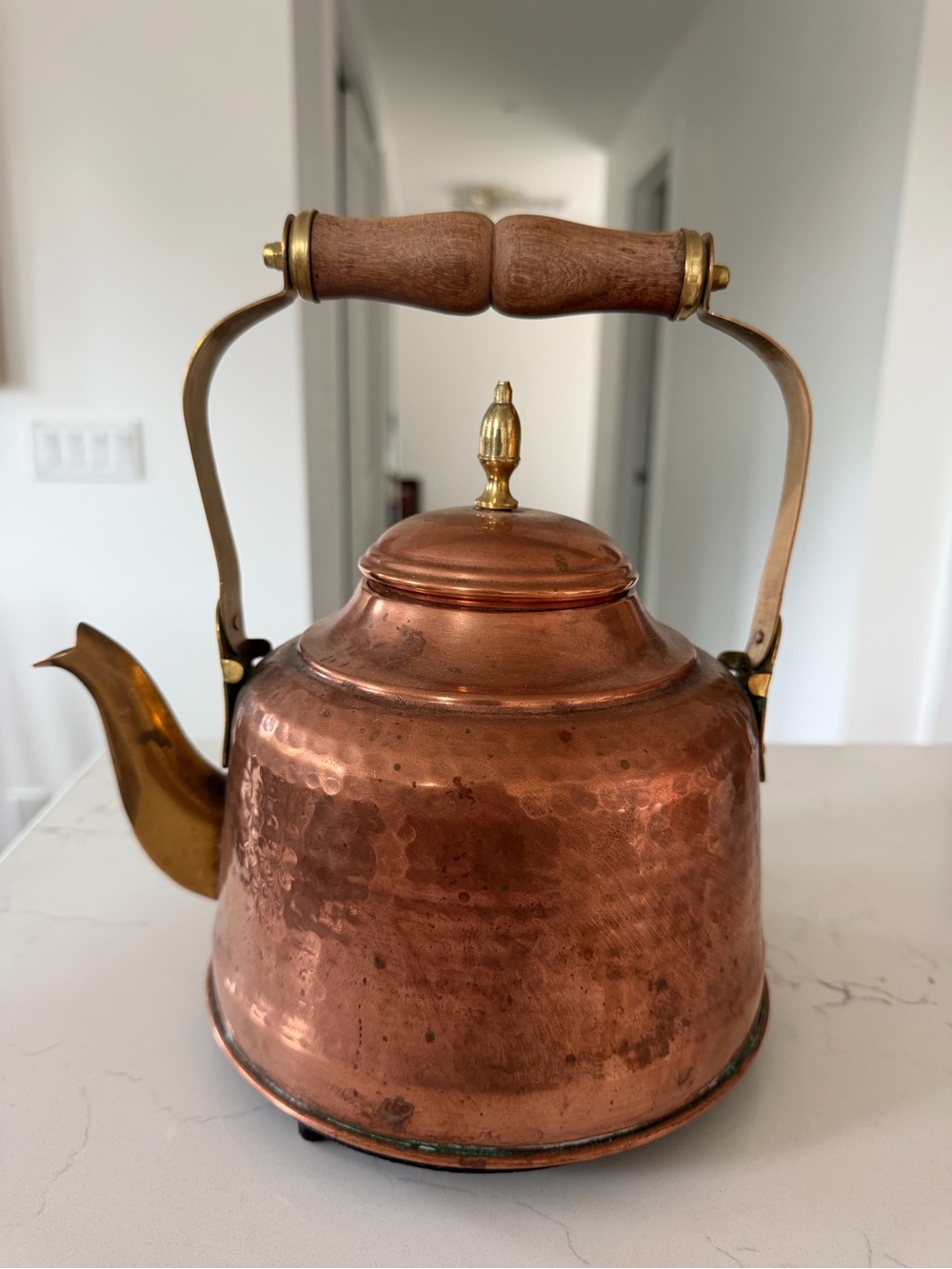 Vintage Copper Hammered Tea Kettle with Wood Handle & Brass Details